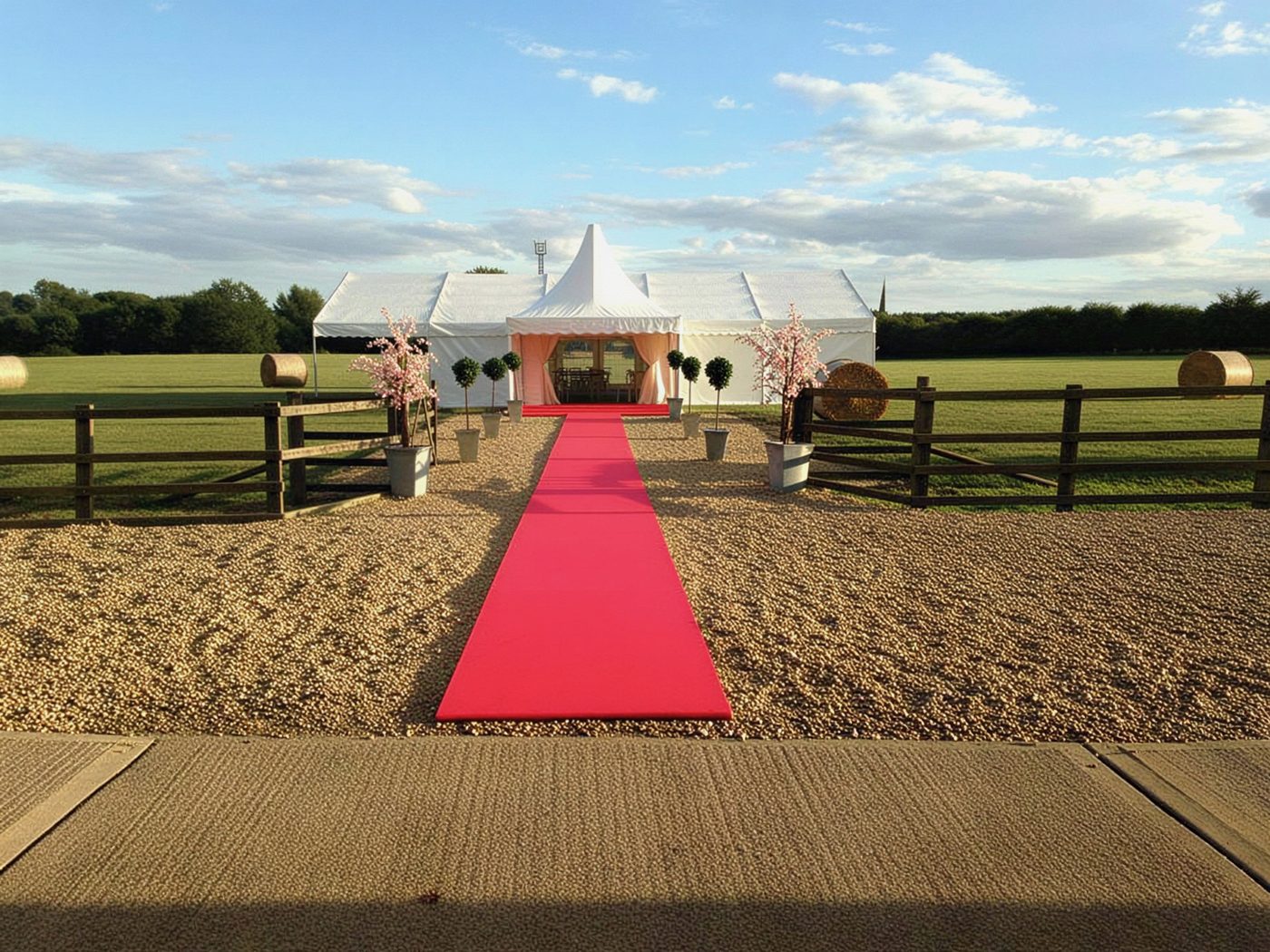 Red carpet leading to a white marquee with blossom trees in a field