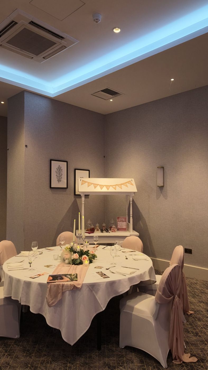 Table one setting with blush runner and roses